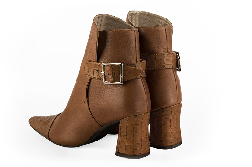 Caramel brown women's ankle boots with buckles at the back. Tapered toe. Medium flare heels. Rear view - Florence KOOIJMAN